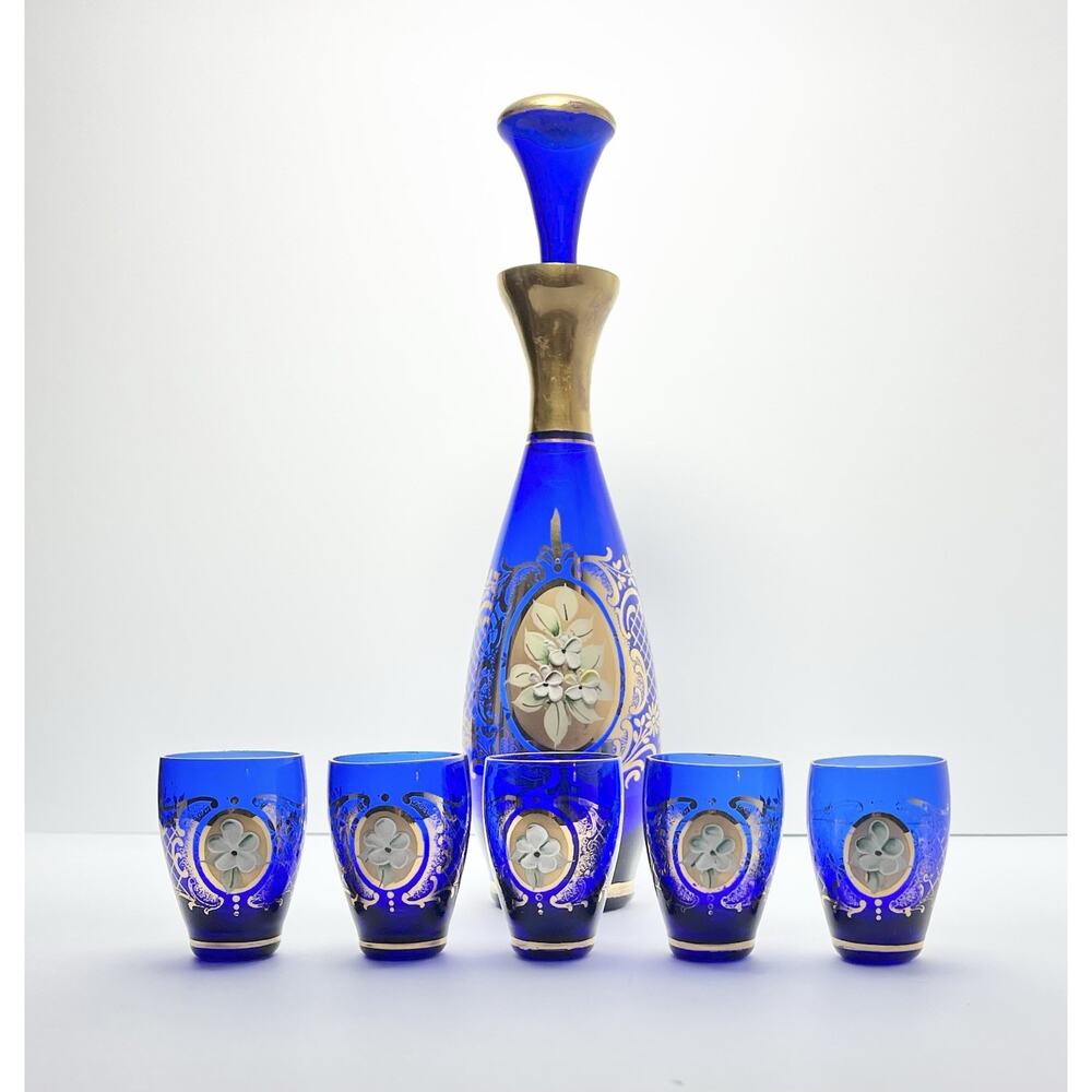 1960s Murano-Style Bohemian Venetian 6-Piece Cobalt Blue Decanter Cordial Set - Picture 2 of 13